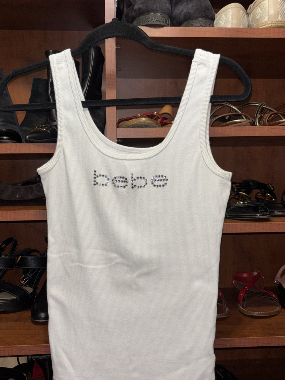 bebe White Rhinestone Logo Ribbed Tank - Picture 2 of 3